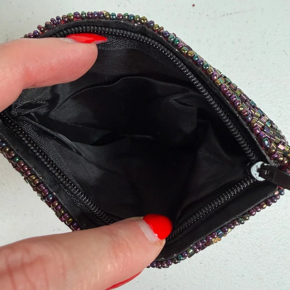 Vintage Small Coin Purse Beaded Floral Iridescent Purple Pink Wristlet Pouch